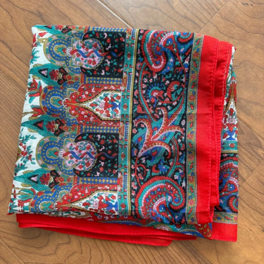 Vintage Paisley Floral Silk Scarf Red Blue Boho Made In Italy Neckerchief 31